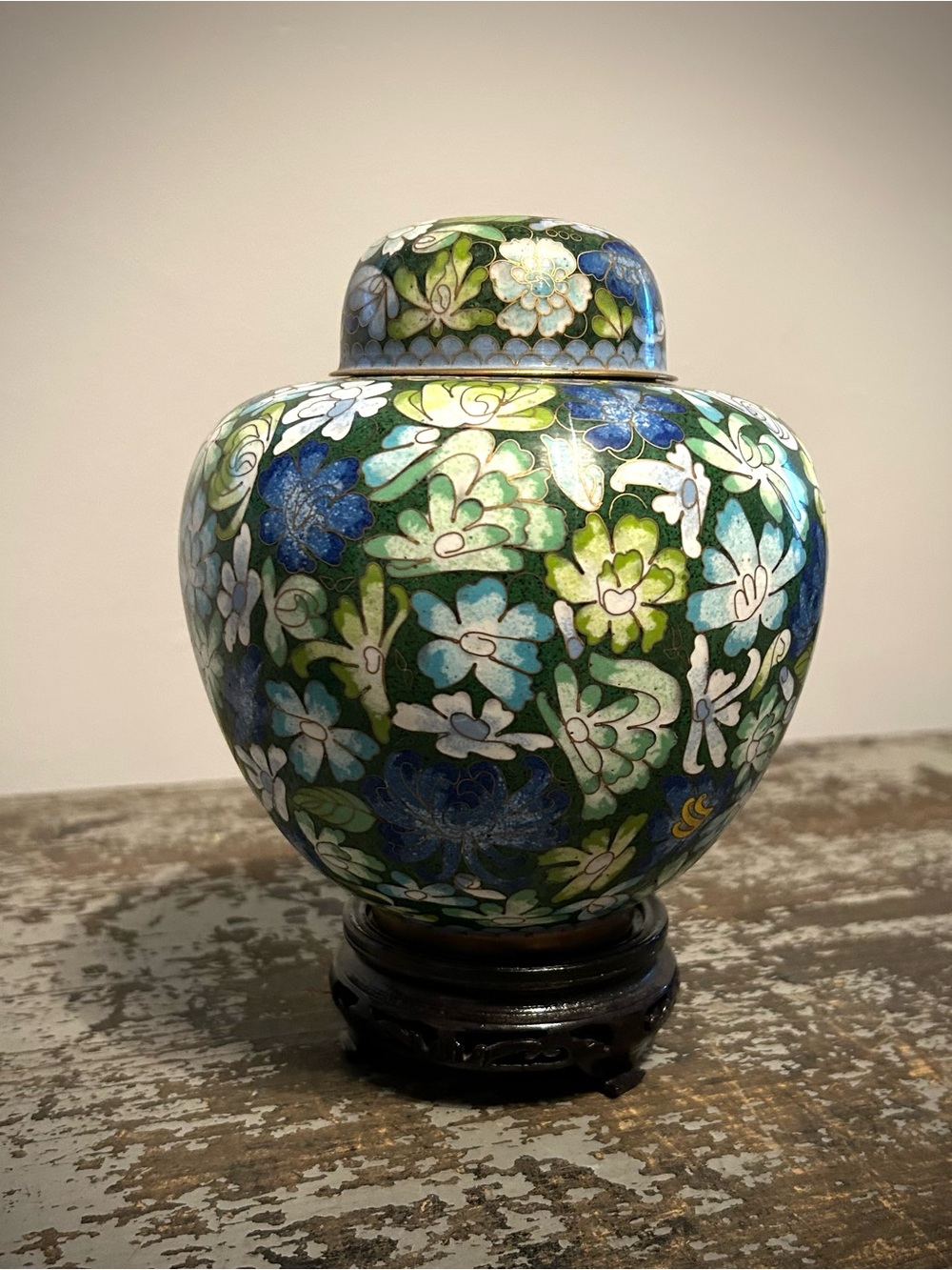 Vintage 9" Chinese Cloisonne Floral Ginger Jar with Carved Wooden Stand
